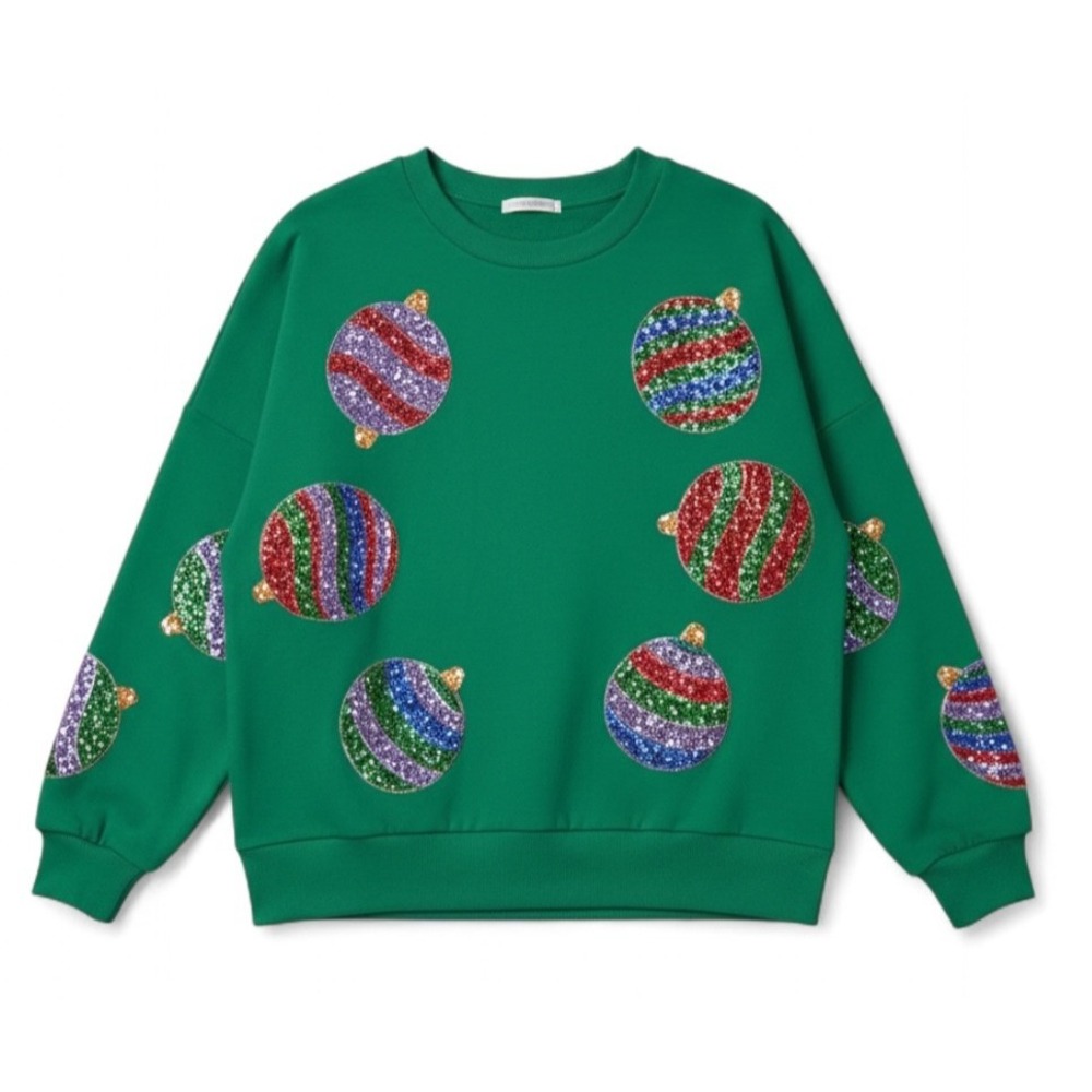 PEACH LOVE California OVERSIZE GREEN CHRISTMAS SWEATSHIRT TOP Sequin Ornaments L
